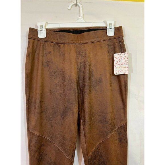 Free People Vegan Faux Leather Leggings Distressed Brown NWT 28" Elastic Waist - Picture 3 of 7